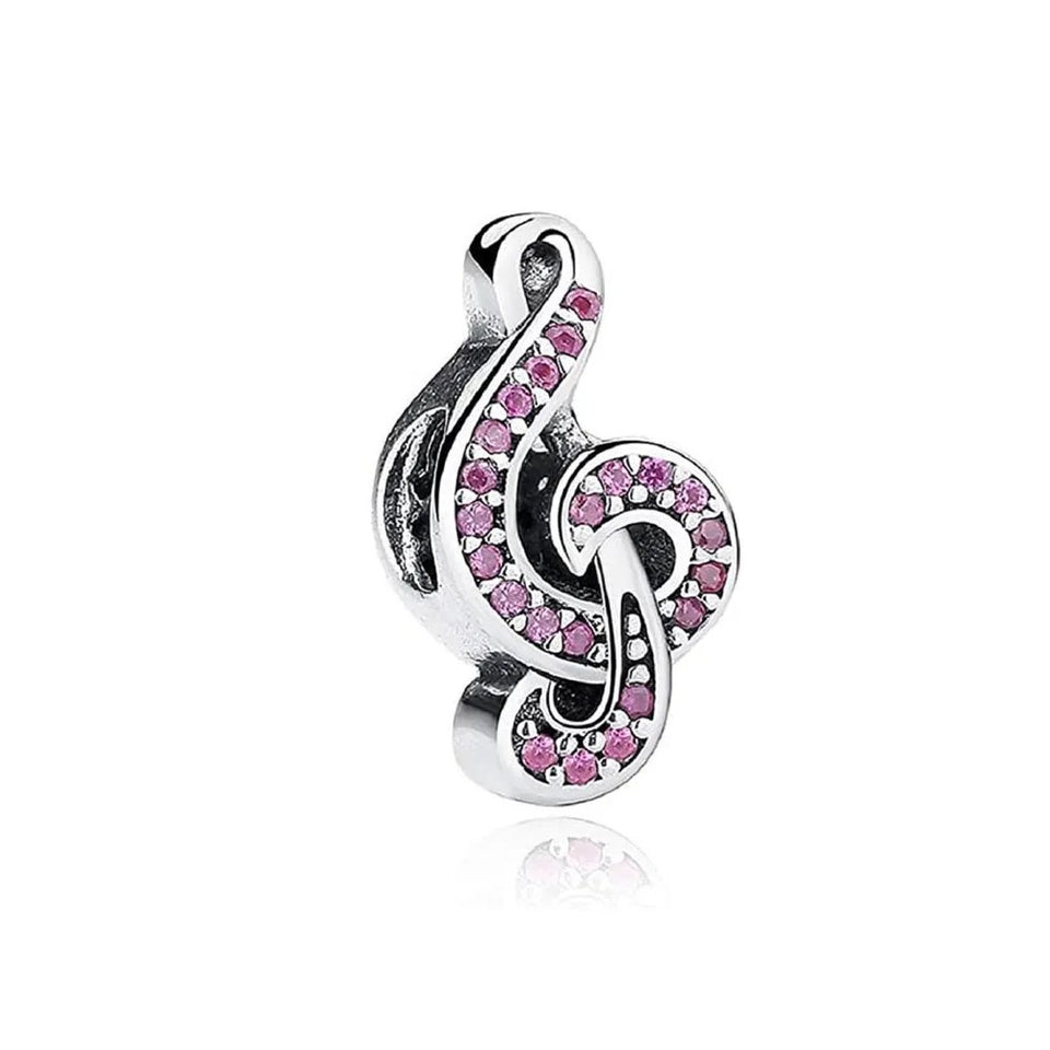 Berloque Clave de Sol em Prata 925 com pedras rosa para pulseira feminina