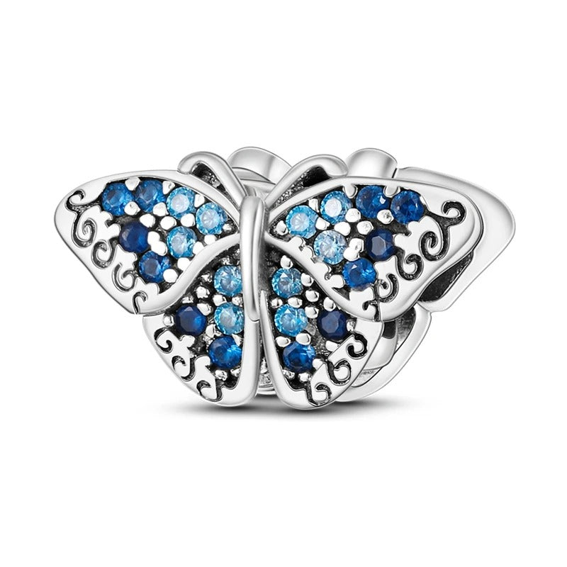 Berloque Borboleta Azul em Prata 925 com detalhes brilhantes para pulseira feminina