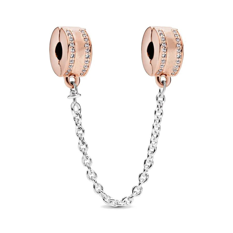 Corrente Magenta em Prata 925 com acabamento rosé para pulseira estilo Pandora com detalhes em zircônias