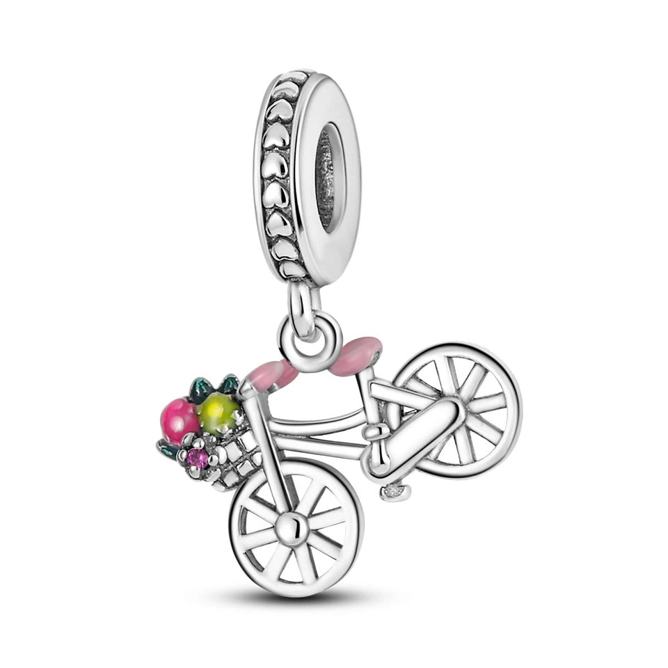 Berloque Bicicleta em Prata 925 com cesta de flores para pulseira feminina