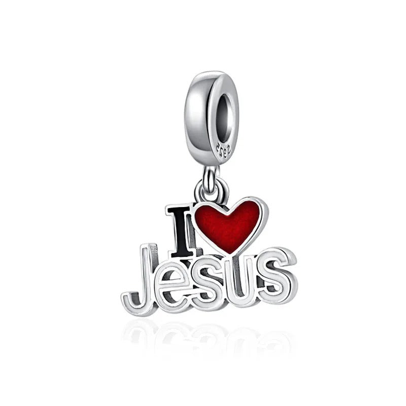 Berloque I Love Jesus em Prata 925 com coração vermelho para pulseira feminina estilo Pandora