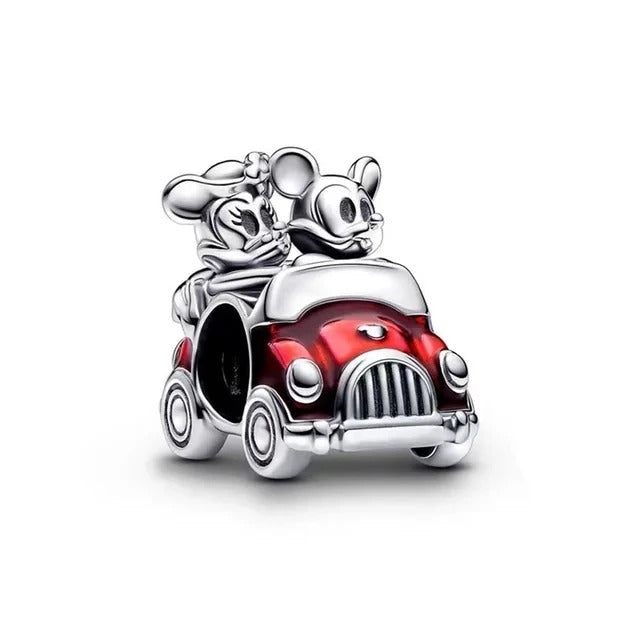 Berloque Mickey e Minnie Carro em Prata 925 com detalhes vermelhos estilo Pandora