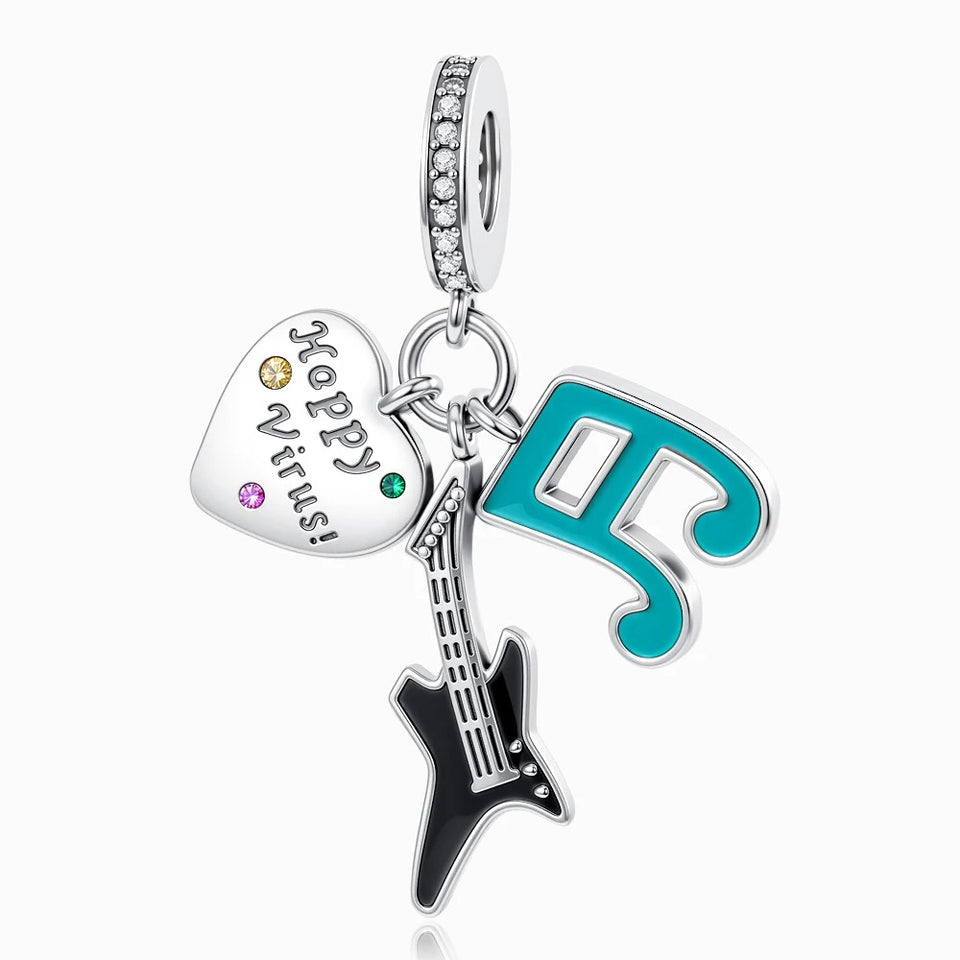 Berloque Rock Music em Prata 925 com guitarra e nota musical para pulseira feminina