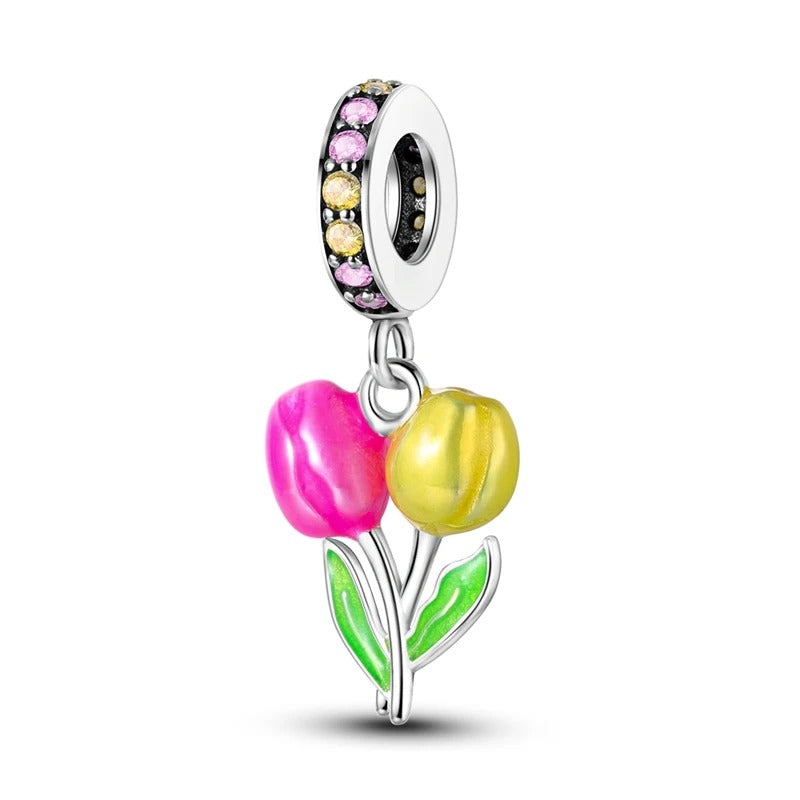 Berloque Tulipas em Prata 925 com flores coloridas para pulseira feminina