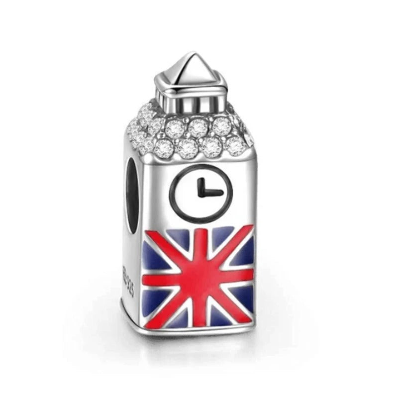 Berloque Relógio Londres em Prata 925 com bandeira do Reino Unido para pulseira feminina estilo Pandora