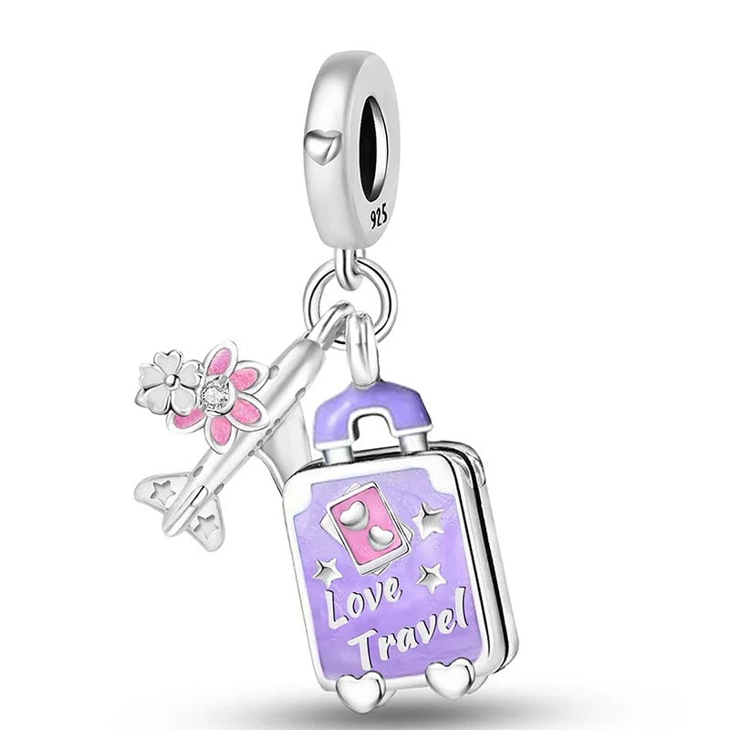 Berloque Love Travel em Prata 925 com mala e avião para pulseira feminina