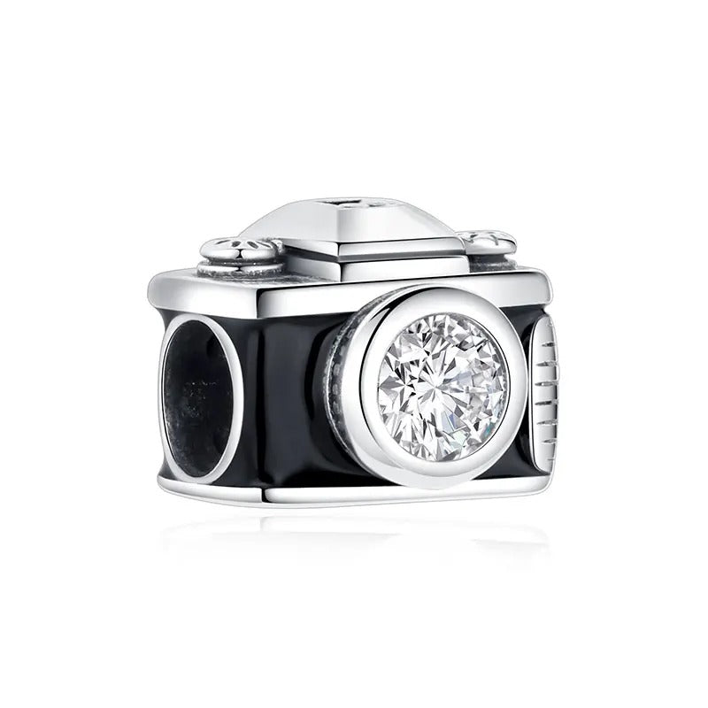 Berloque Câmera de Viagem em Prata 925 preto e prata para pulseira feminina estilo Pandora