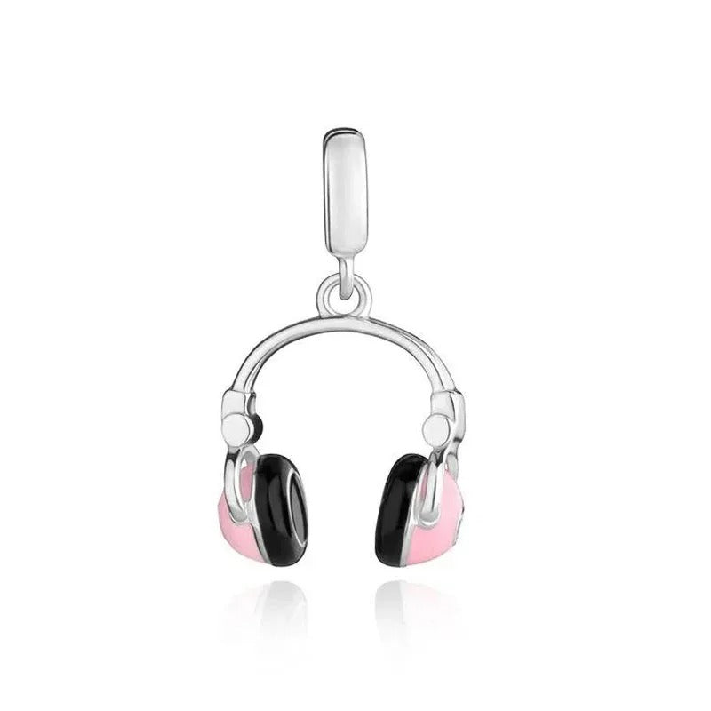 Berloque Fone de Ouvido em Prata 925 com detalhes rosa e preto para pulseira feminina