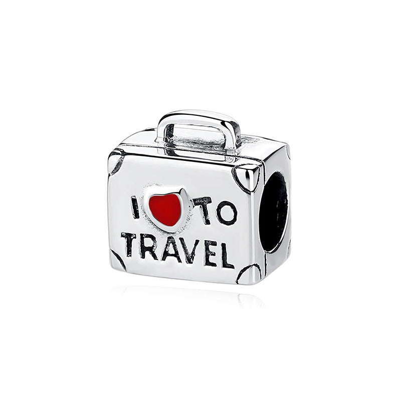 Berloque Mala de Viagem em Prata 925 com coração vermelho para pulseira feminina estilo Pandora