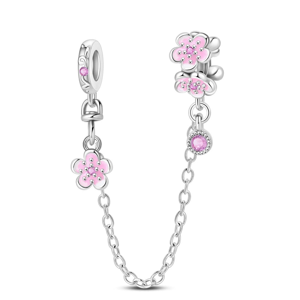 Corrente Flores Rosas em Prata 925 com flores delicadas para pulseira estilo Pandora
